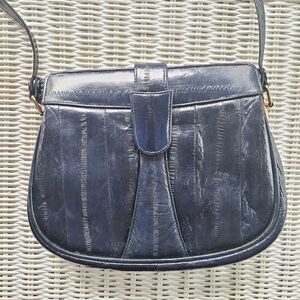Vintage Retro 80s Genuine Eel Skin Navy Leather Handbag Shoulder Bag Purse